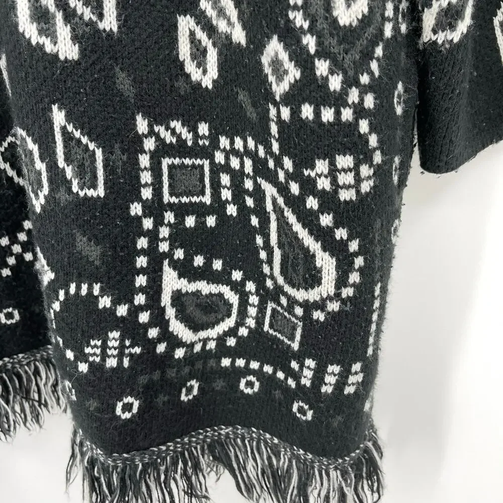Made in Italy | Black White Paisley Jacquard Knit Fringe Cardigan *no belt* S